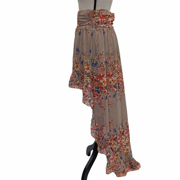 MILLAU Tan Multicolored Floral Print High Low Asymmetrical Ruffled Skirt - Picture 2 of 14
